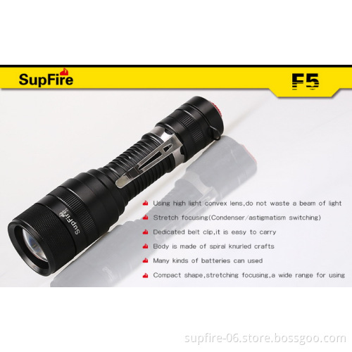 1100lumens zoomzble rechargeable LED flashlight SupFire F5 with buckle